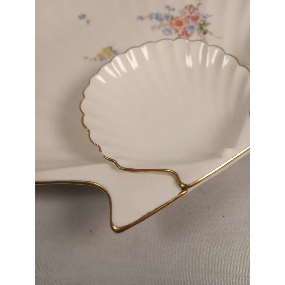 Vtg Rare Bone China Shell Shape Platter w Dip section Gold Edging  (10